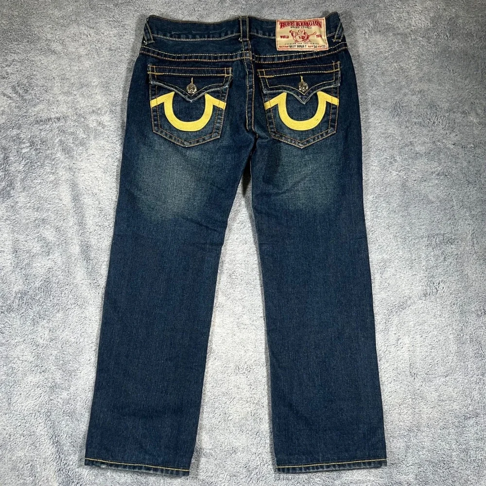 True Religion Billy Super T Dark Wash Straight Leg Jeans Men 34x33 Yellow Stitch